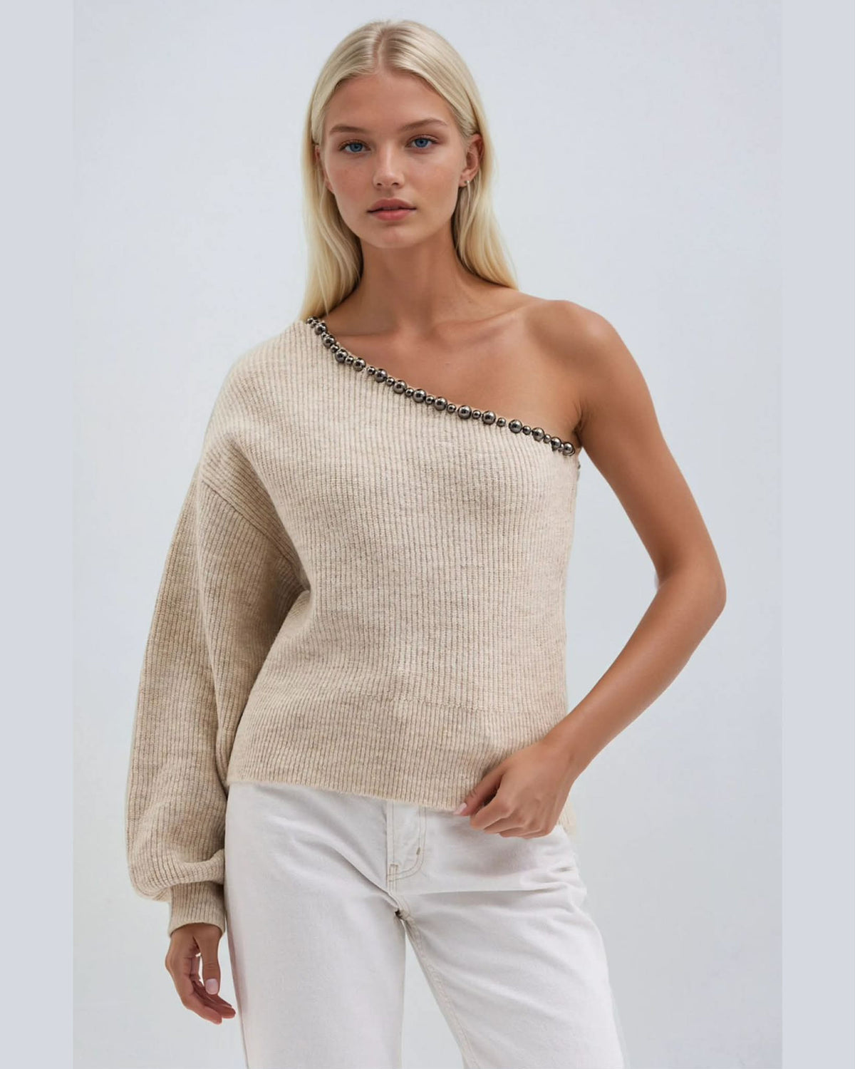 One Sleeve Wool Blouse With Pearls