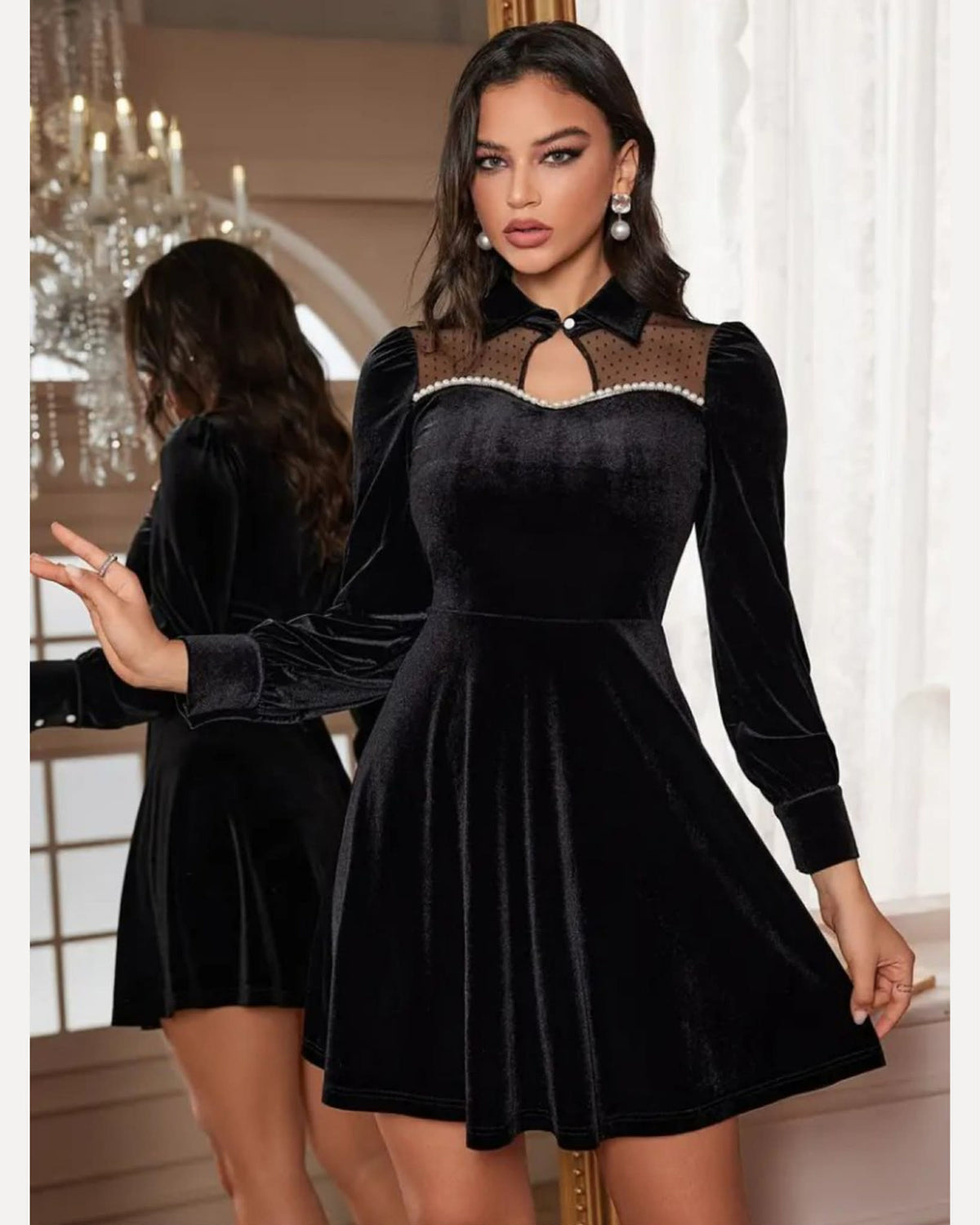 Velvet Wide Dress With Tulle And Pearls