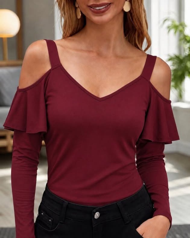 Ruffled Cold-Shoulder Long Sleeve Top