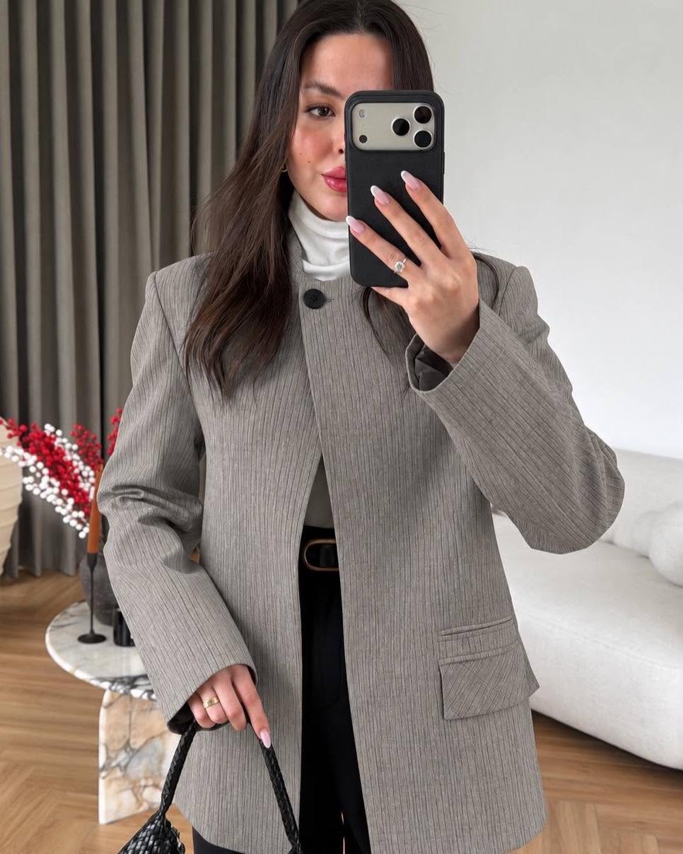 Collarless Pinstripe Blazer