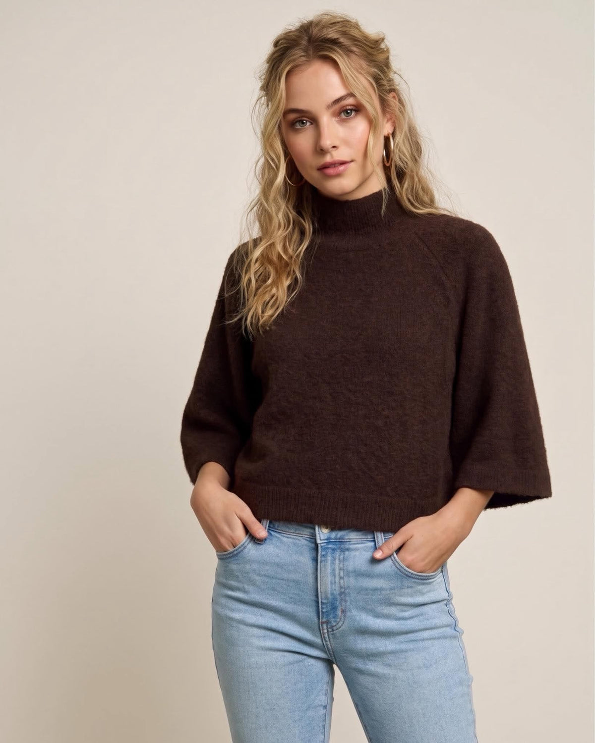 Mock-Neck Knit Sweater With Flared Three-Quarter Sleeves