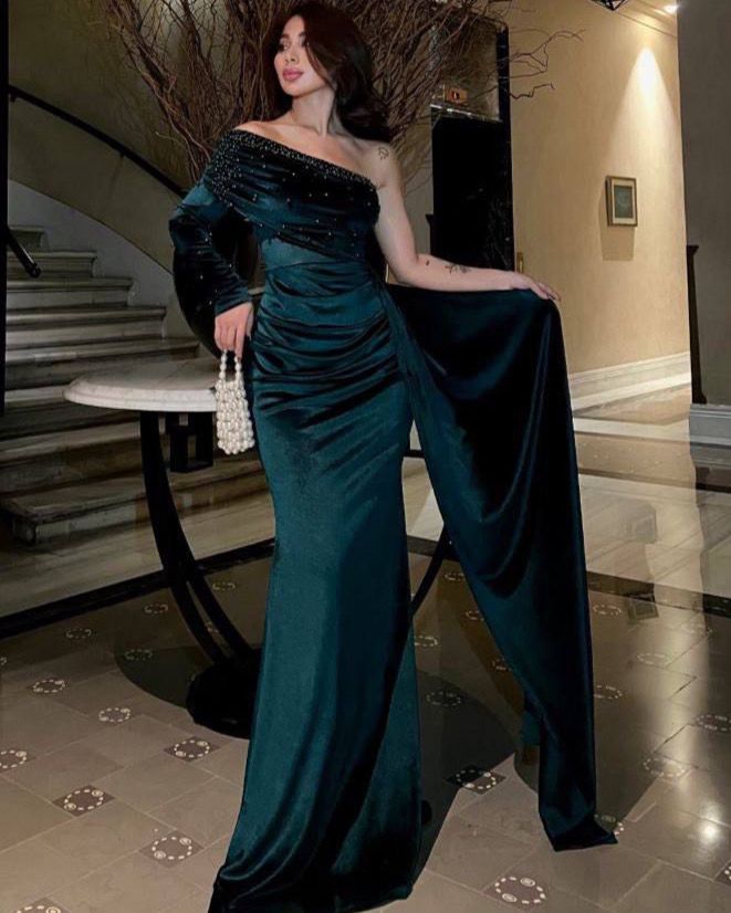 Velvet One Sleeve Long Dress With Pearls