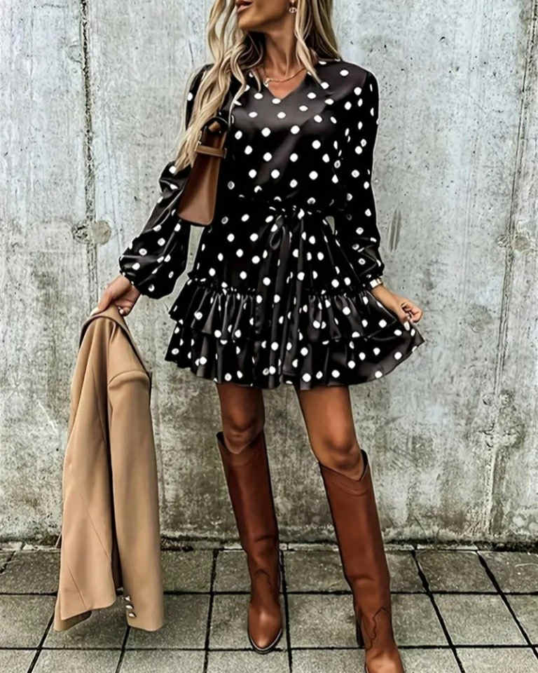 Polka-Dot Wide Short Dress With Belt