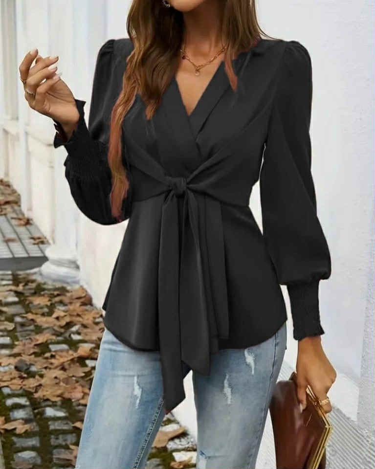 Elegant V-Neck Top With A Tie