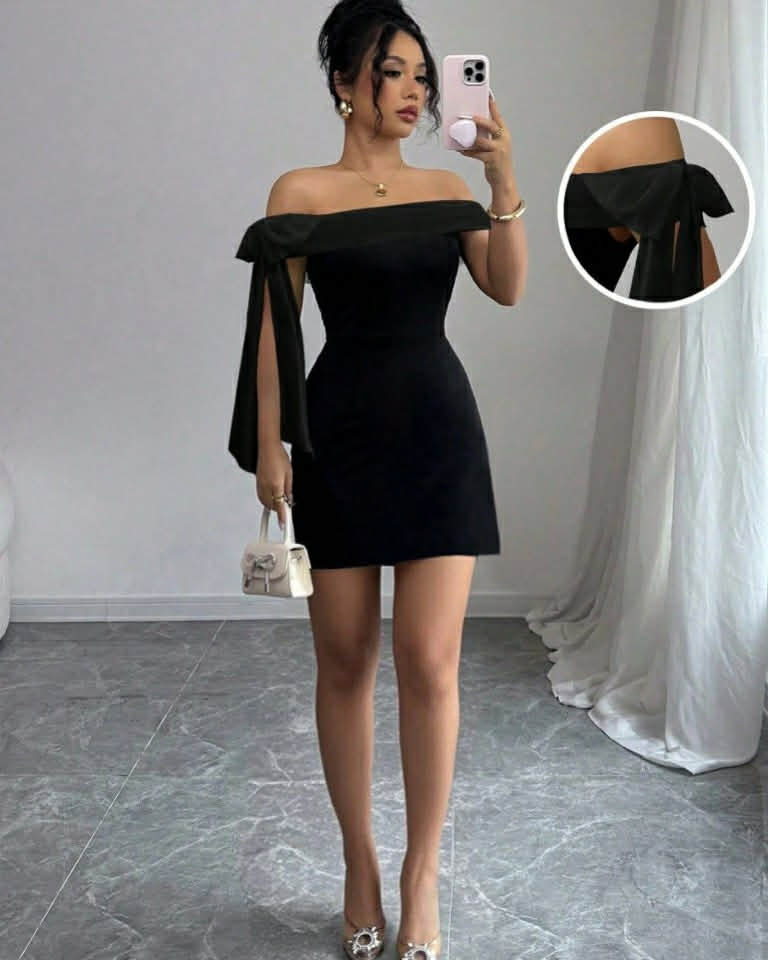 OF Shoulder Short Dress With Colored Tie
