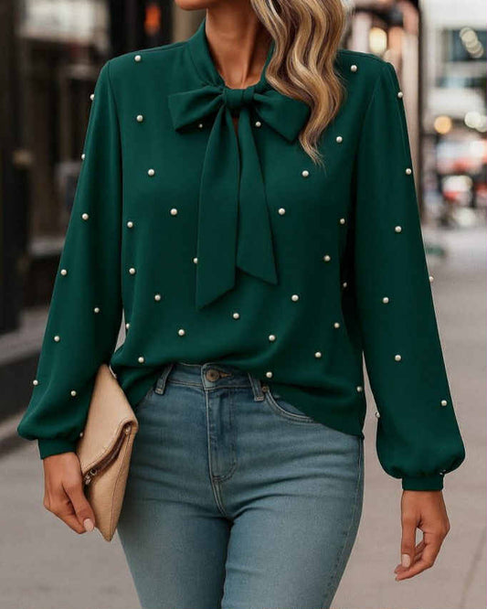 Long Sleeve Shirt With Tie And Pearls