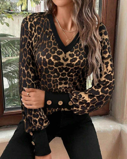 Leopard V-Neck Top With Buttons On Sleeve
