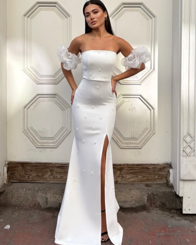 Glam Pearl-Detail Column Gown With Organza Arm Puffs