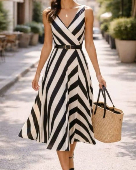 Stripped Cut Two Colors V-Neck Dress