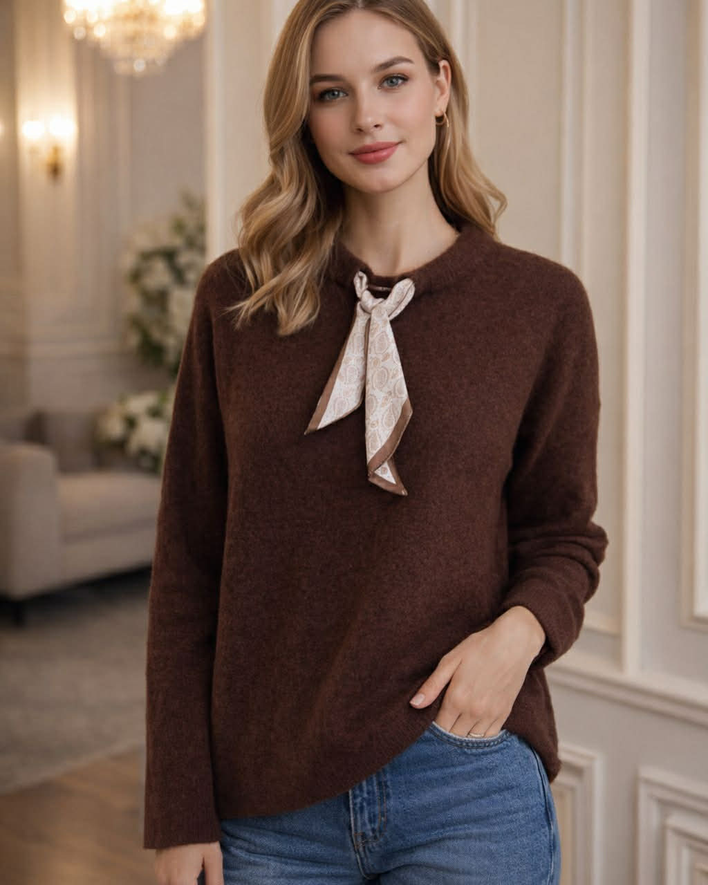 Wool Warm And Wide Blouse With Scarf