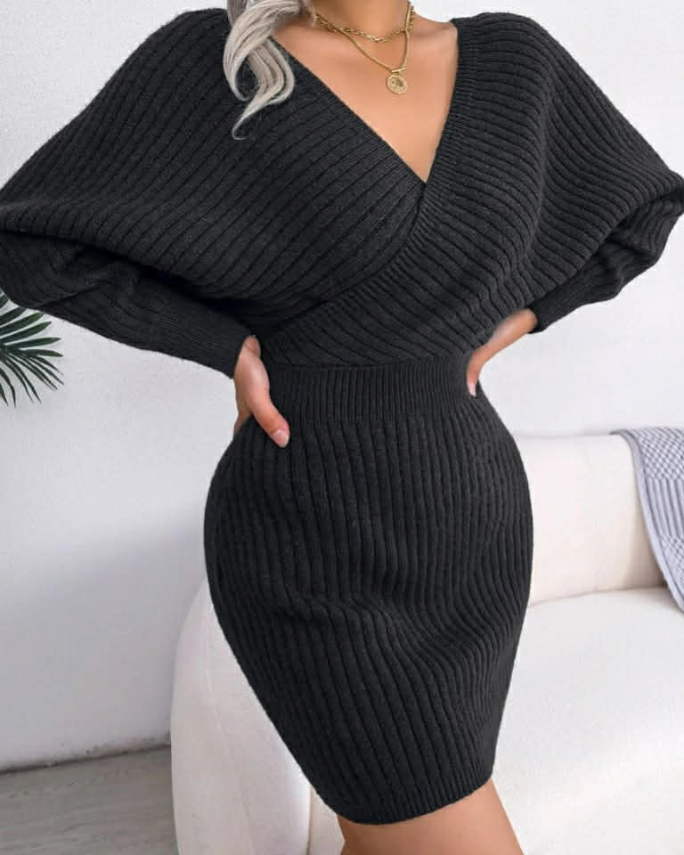 Wool V-Neck One Color Short Dress