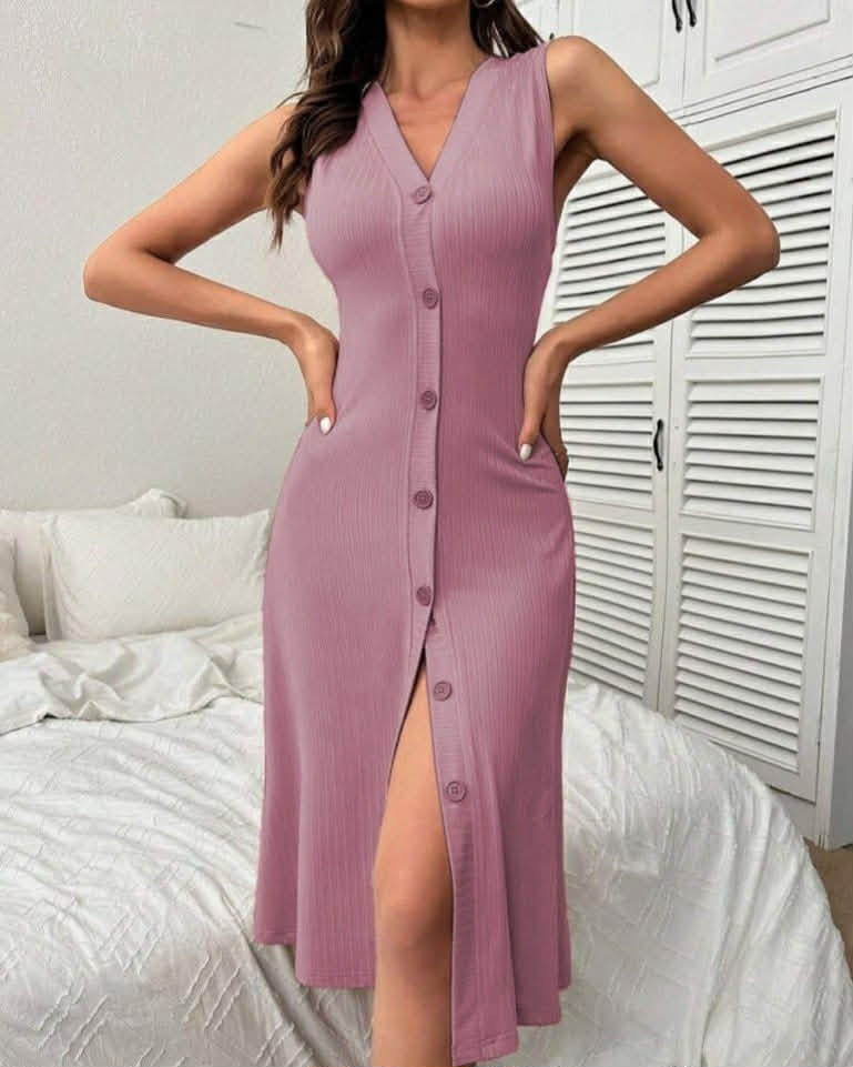 Cut Stripped Long Dress With Buttons