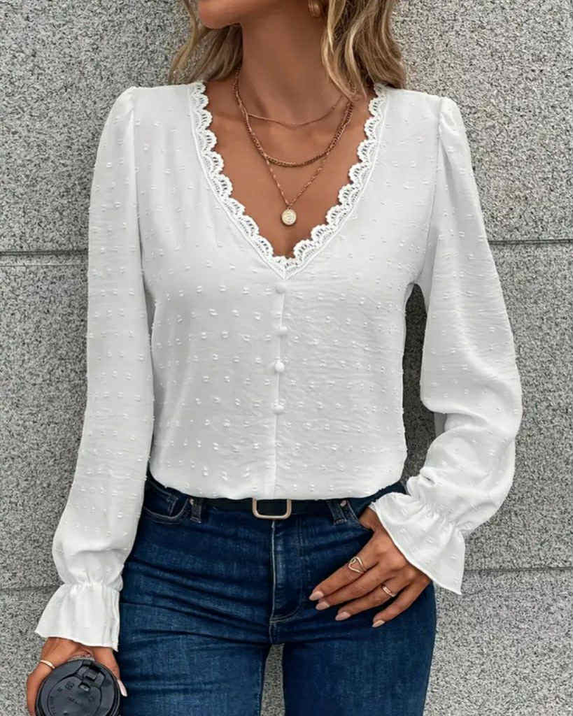 V-Neck Long Sleeve Top With Buttons