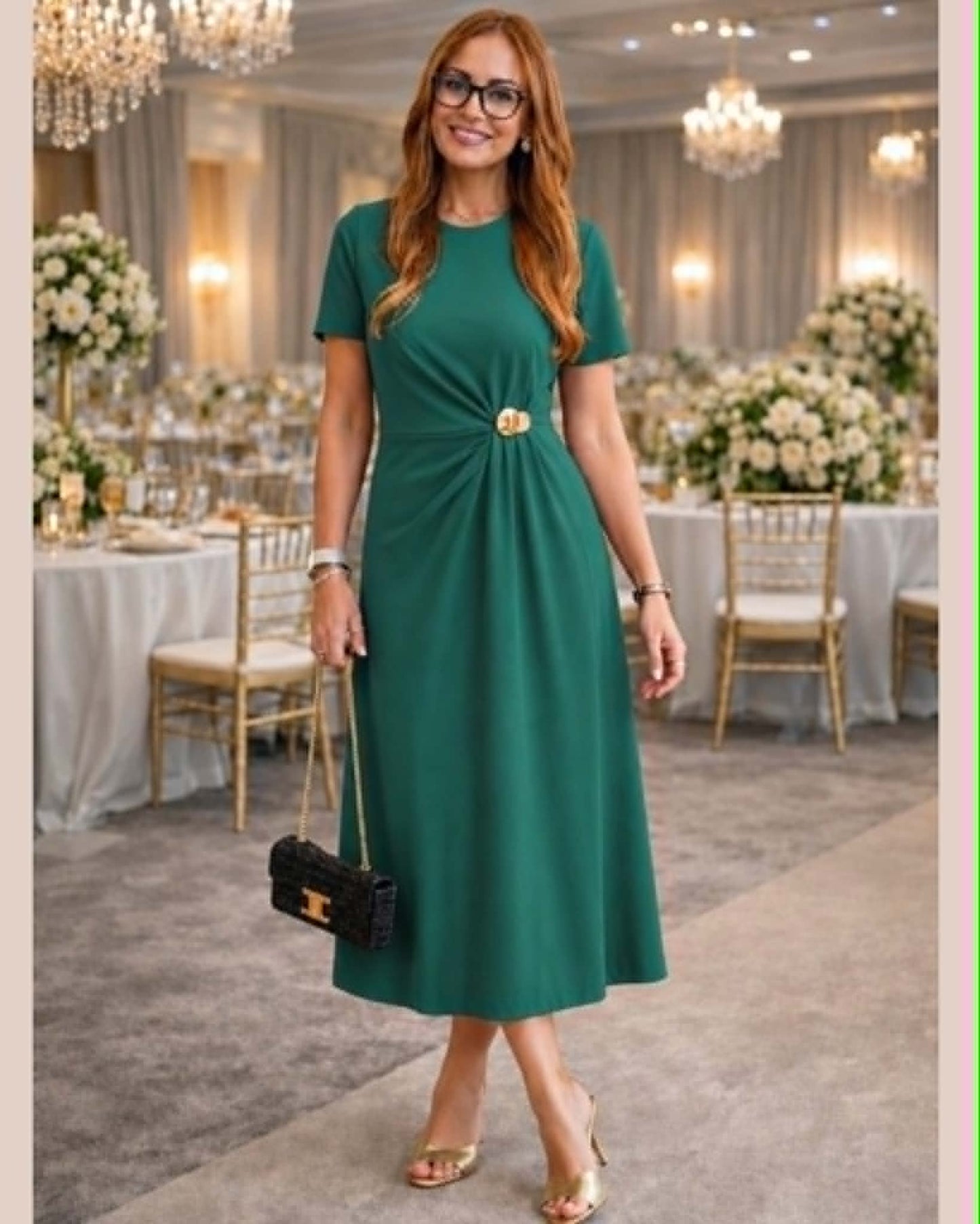 Short Sleeve Long Dress With Golden Button