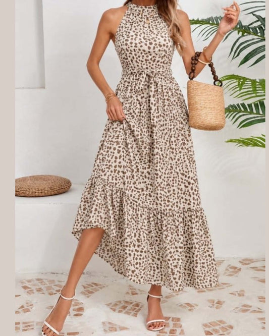 Halter Neck Belted Maxi Dress With A Ruffled Hem