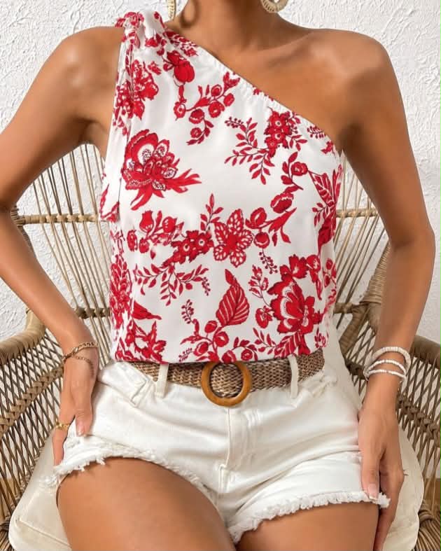 Two Colors One Shoulder Top With Tie