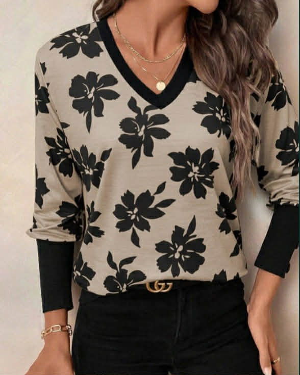 Floral Two Colors V-Neck Top With Buttons