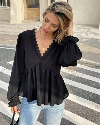 V-Neck Wide Long Sleeve Top With Laces