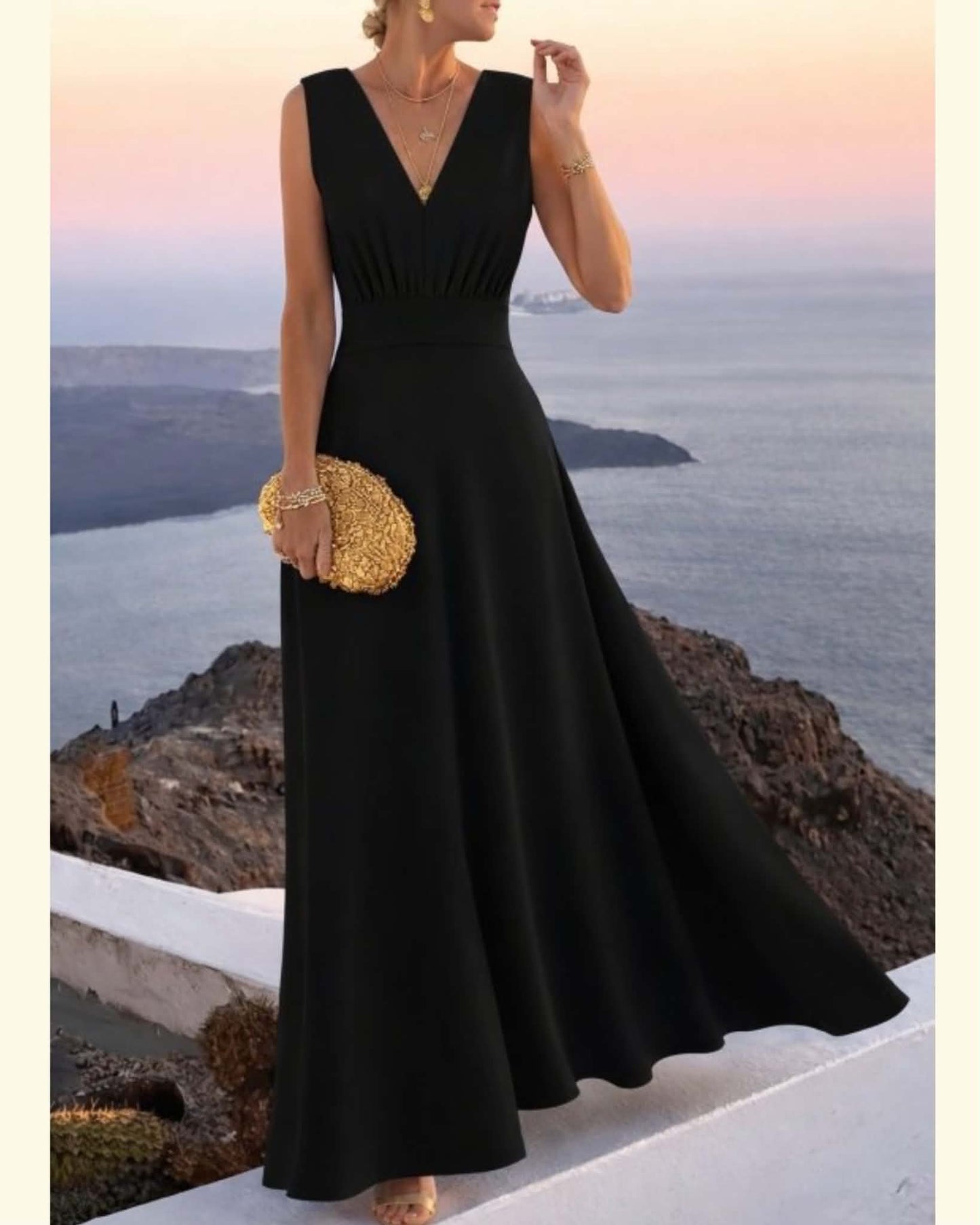 V-Neck Long Cut Wide Dress