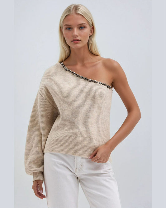 One Sleeve Wool Blouse With Pearls