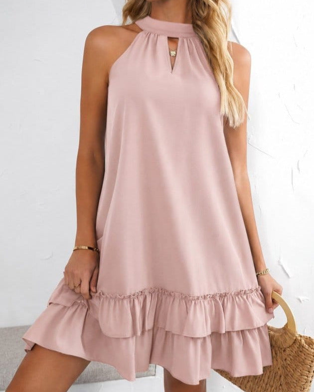 Sleeveless Halter Tunic Dress With Keyhole Neckline And Multi-tiered Ruffled Hemline