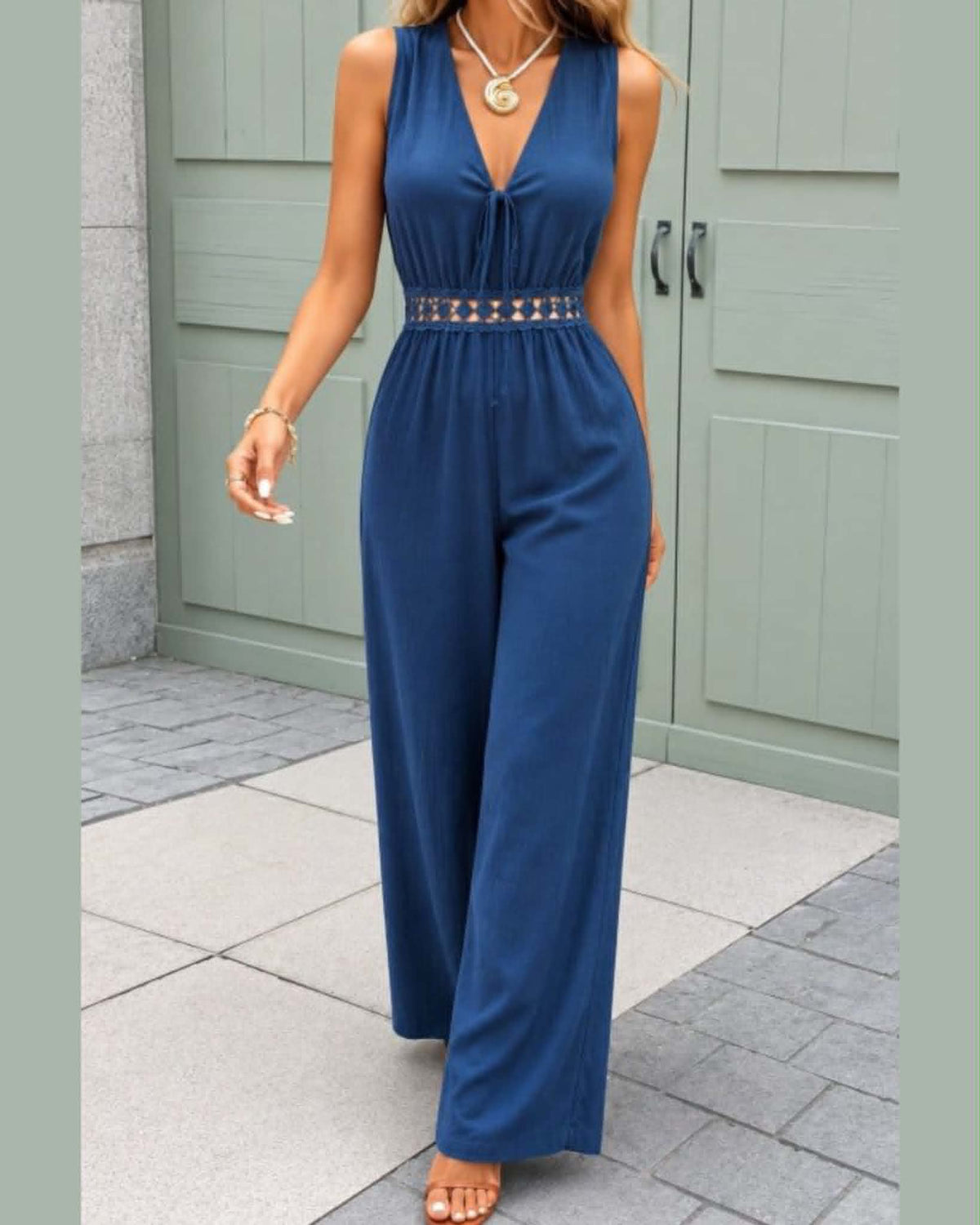 Sleeveless Wide-Leg Jumpsuit With V-neck And Crochet Waist Detail