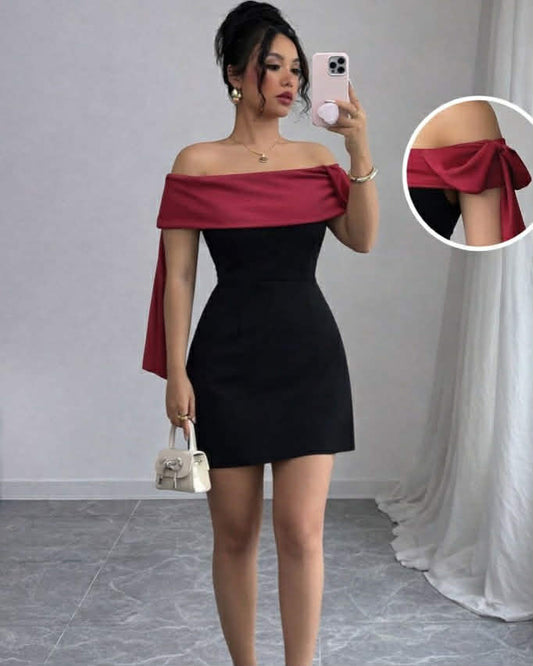 OF Shoulder Short Dress With Colored Tie