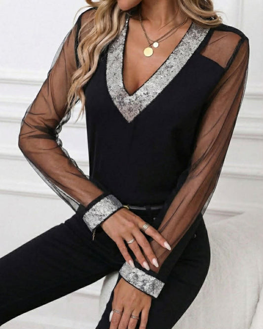 V-Neck Glittered Top With Tulle