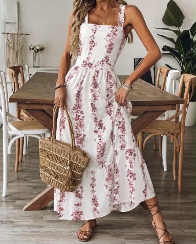 Summery Floral Maxi Dress Featuring A Chic Back Cutout With A Tie Bow Detail