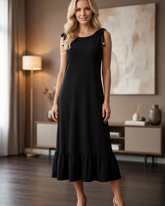 Tie Shoulder Ruffle Hem Midi Dress