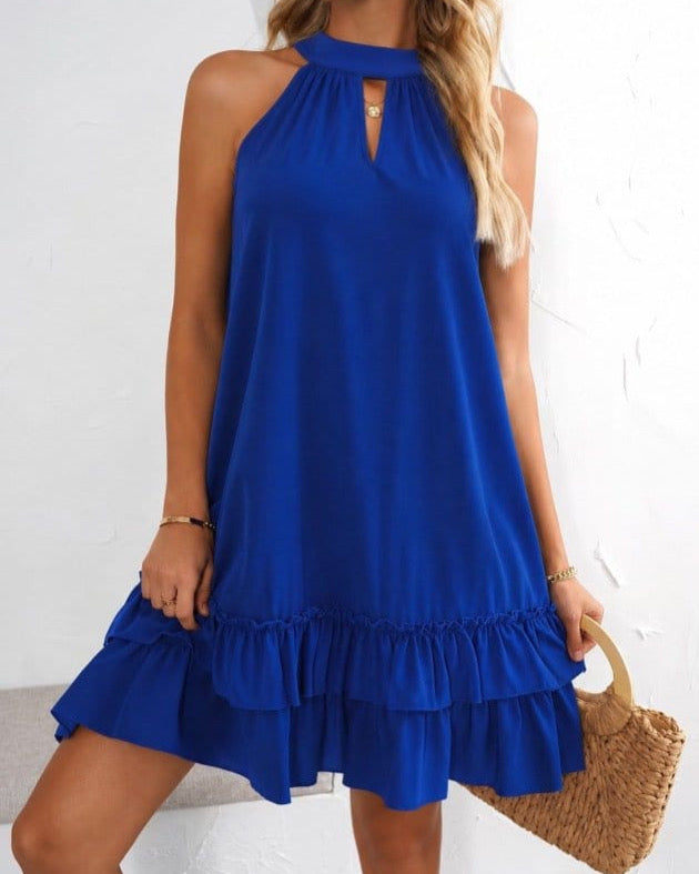 Sleeveless Halter Tunic Dress With Keyhole Neckline And Multi-tiered Ruffled Hemline