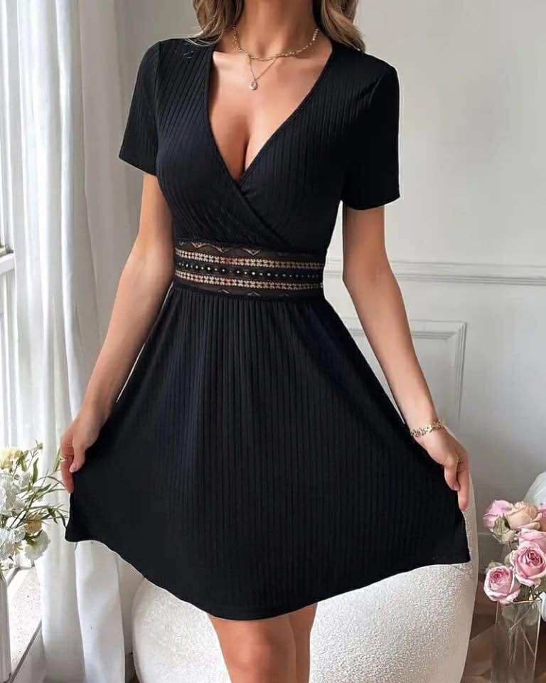 Short Sleeve Wide Short Dress With Laces