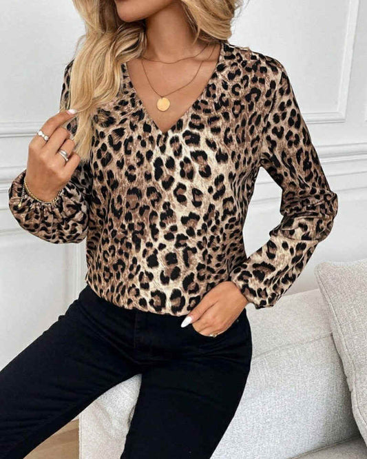 V-Neck Long Sleeve Leopard Top