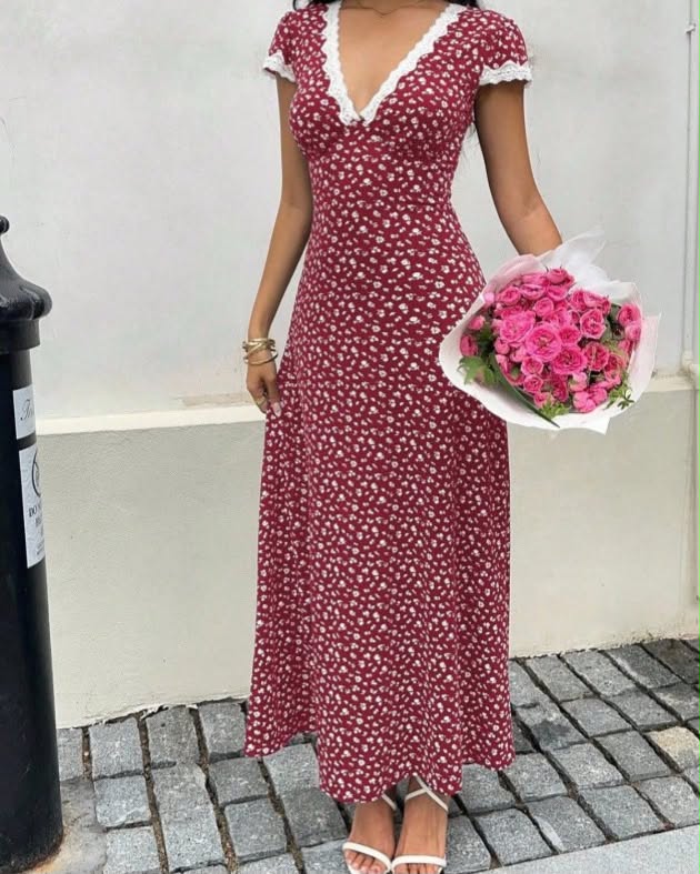 Cotton Floral Long Dress With White Laces