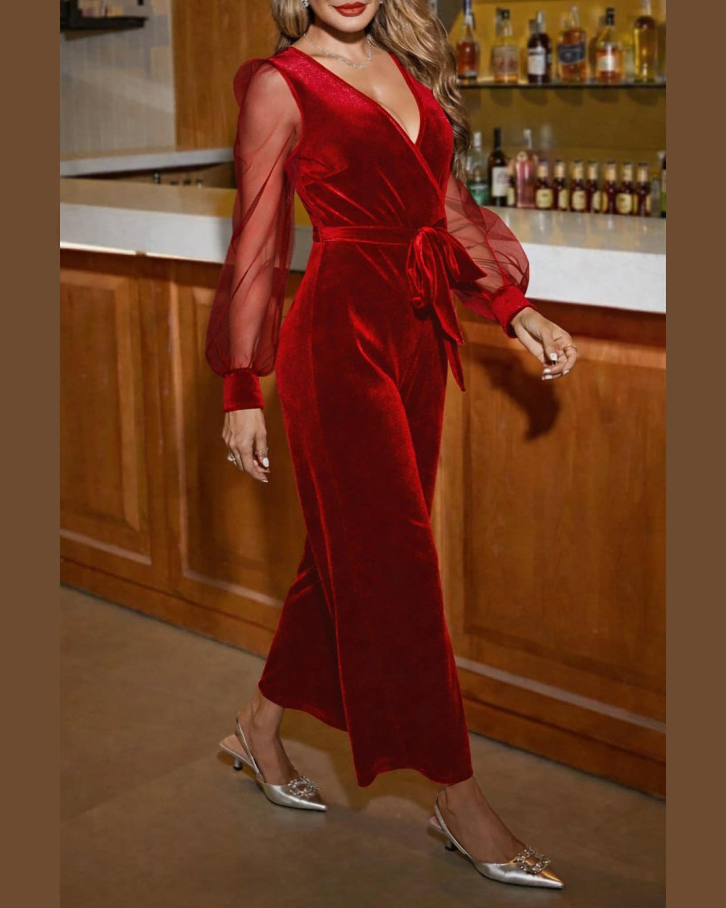 Velvet V-Neck Overall With Tulle Long Sleeve