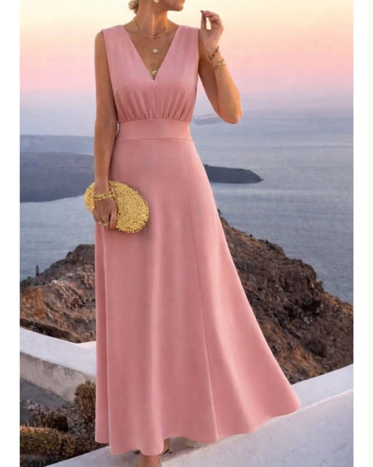 V-Neck Long Cut Wide Dress