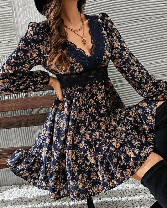 Floral Wide Short Dress V-Neck With Laces