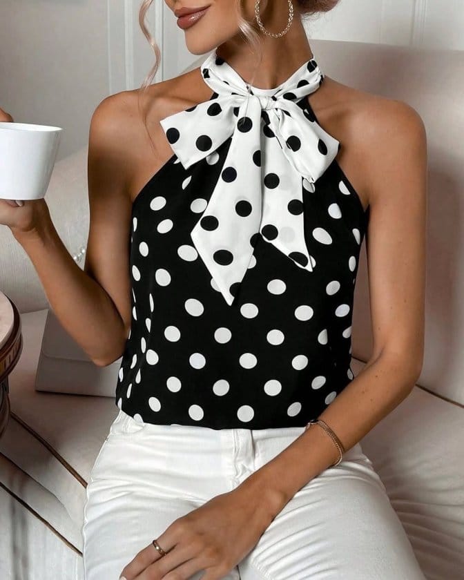 Polka Dot Sleeveless Top With Tie