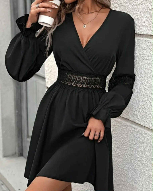 Long Sleeve V-Neck Short dress With Laces