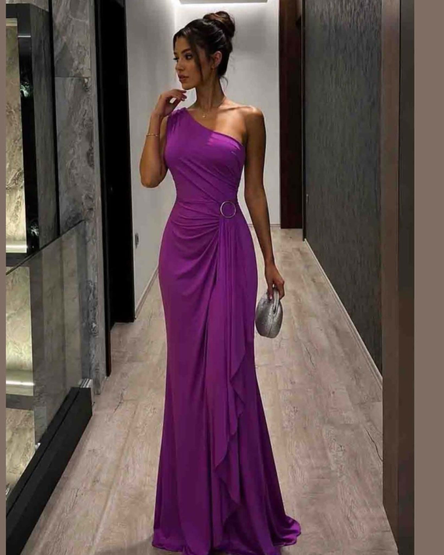 Ruched Maxi Dress With A Decorative Buckle