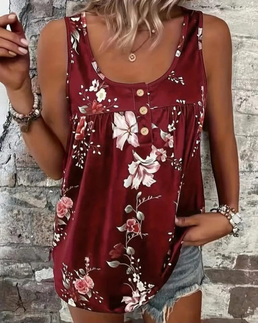 Floral Sleeveless Top With Buttons