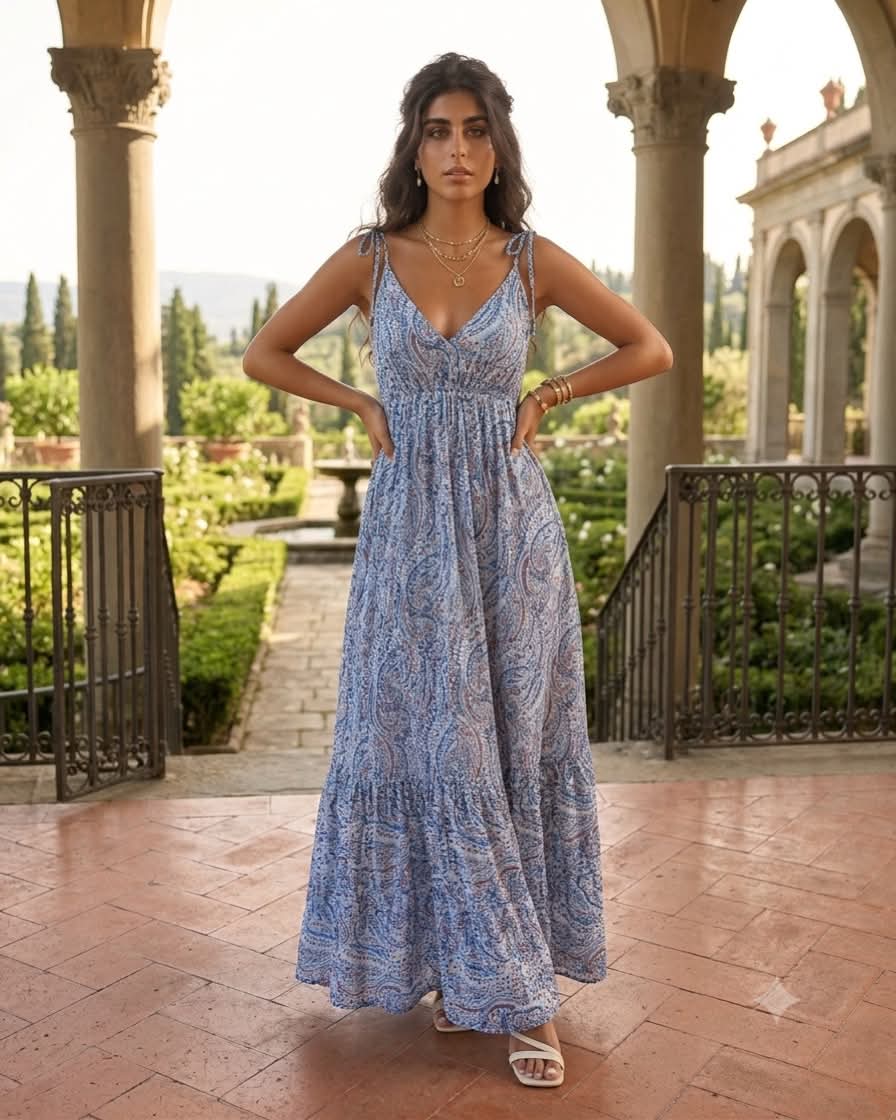 Wide Long Dress With Straps And Ties