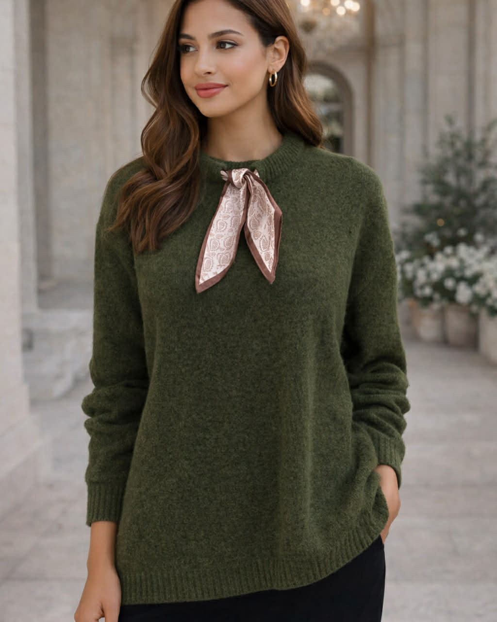 Wool Warm And Wide Blouse With Scarf