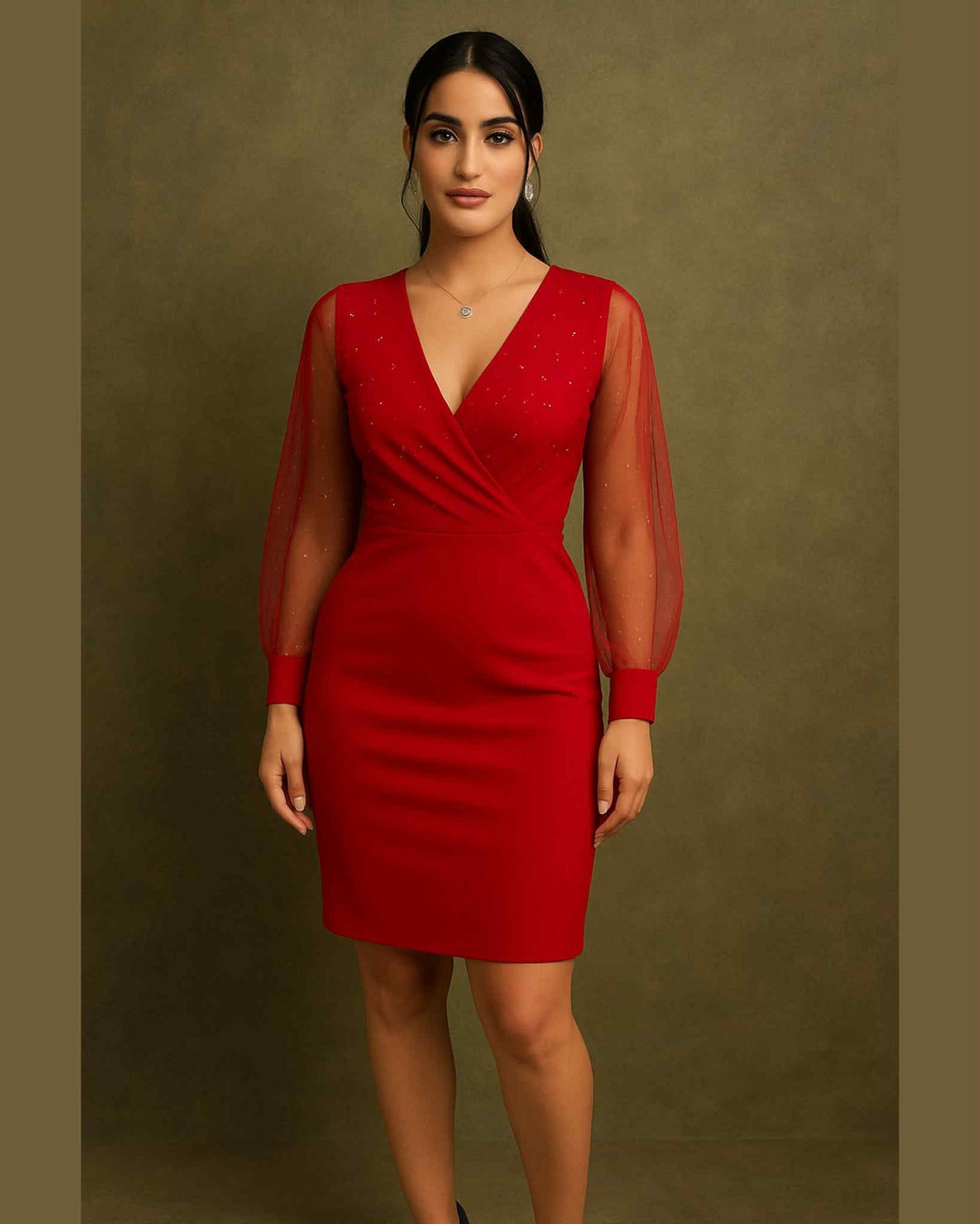 V-Neck Short Dress With Tulle And Rhinestones