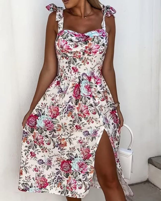 Floral Colorful Dress With Slit And Ties