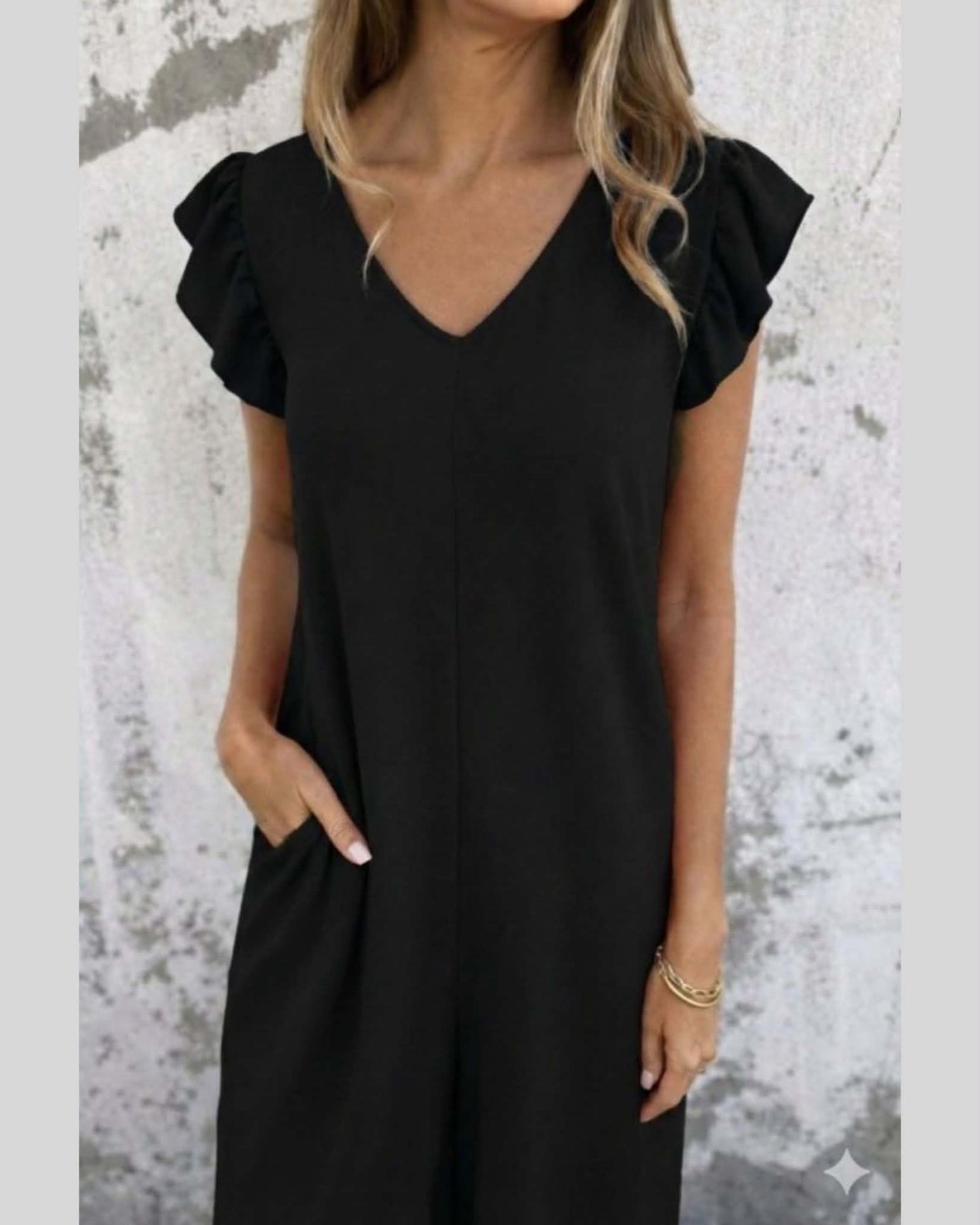 Open Back Overall With Tie And Ruffles On Sleeve