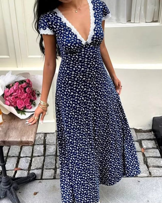 Cotton Floral Long Dress With White Laces