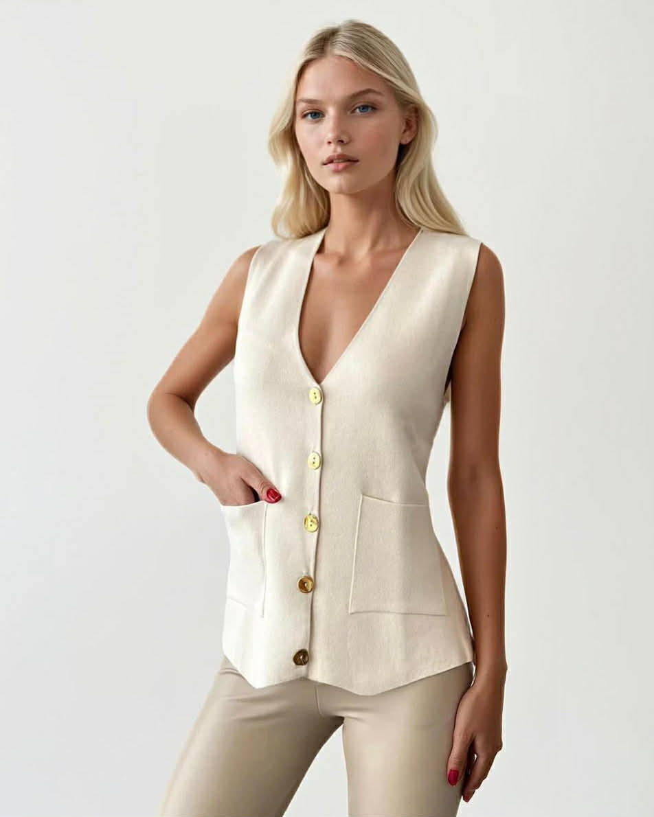 Soft Wool Vest With Golden Buttons