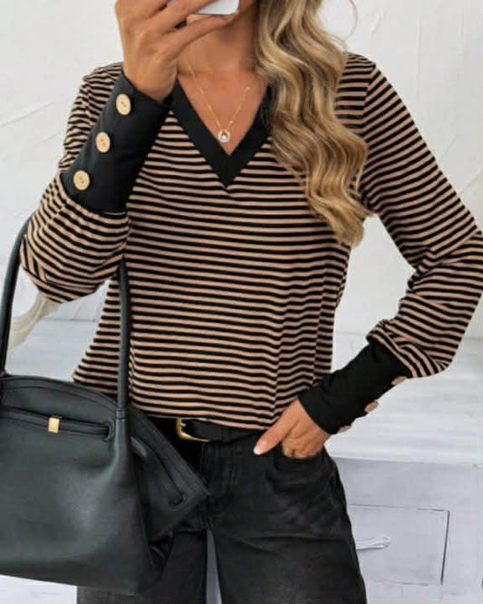 Stripped V-Neck Top With Buttons On Sleeve