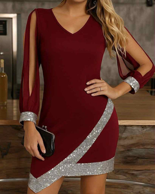 Glittered Short Dress With Tulle Sleeve